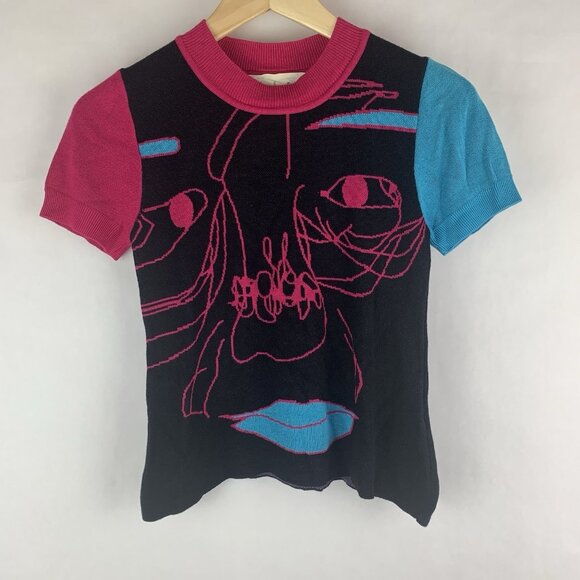 Kina And Tam THE SUPEREGO KNIT TOP Size Large Colorful Abstract Art Short sleeve - Picture 1 of 8